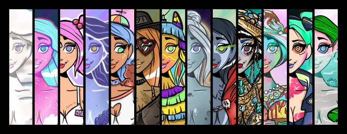 A series of fourteen stylized portrait panels showcase various female characters, each with distinct features, hairstyles, and colorful outfits against pastel backgrounds. The image reflects the post's theme of diverse beauty, illustrating the "MetaVixens NFT" collection with each unique vixen representing a different aesthetic interpretation.