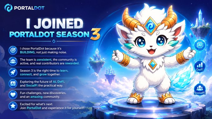 A promotional graphic for PortalDot Season 3 featuring a cute white and gold horned mascot character with a blue gem, set against a magical castle background. Text highlights joining the community for AI, DeFi, and SocialFi features.