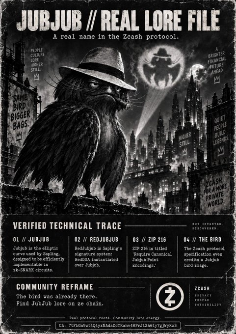 A dark noir-style poster titled 'JUBJUB // REAL LORE FILE' featuring a bird wearing a fedora in a cityscape, with sections labeled 'VERIFIED TECHNICAL TRACE' and 'COMMUNITY REFRAME' referencing the Zcash protocol.
