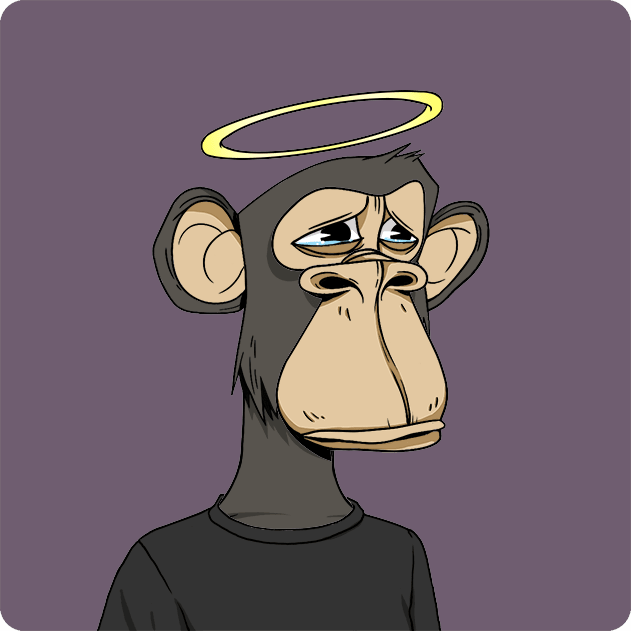 A cartoon drawing of a sad-looking monkey with droopy eyes and a golden halo above its head, wearing a black shirt, set against a solid purple background in the style of a bored ape NFT.