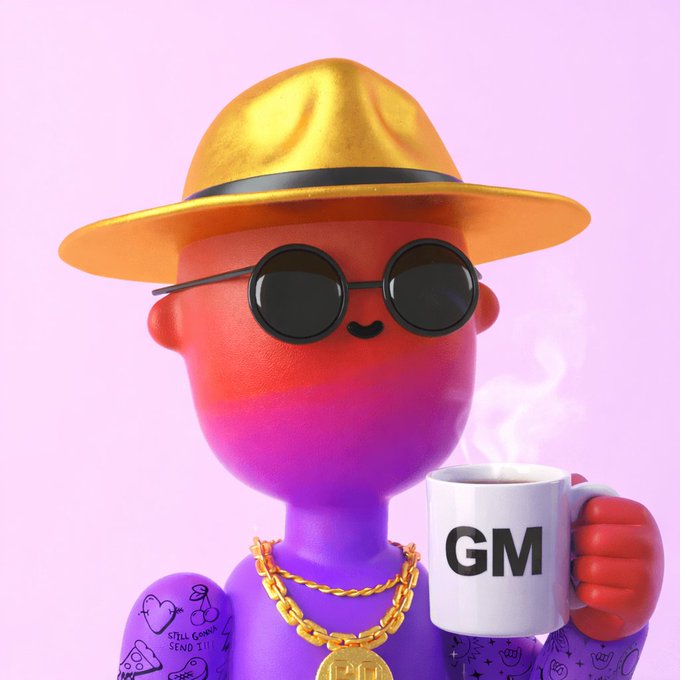 A 3D-rendered character with a red-to-purple gradient skin tone, wearing a yellow hat, round sunglasses, and a gold chain, holding a white mug that says 'GM'.