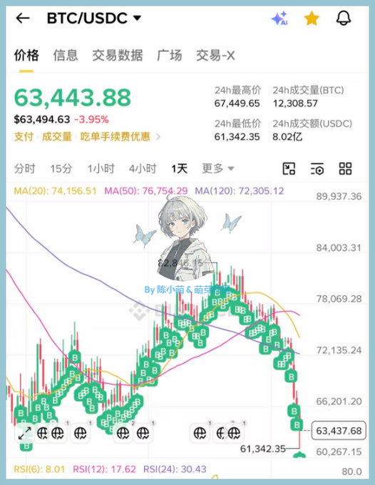 The image shows a chart that displays an upward trend of cryptocurrency prices. The chart is titled "BTC/USDC" and provides information about the price, volume, and market cap trends for Bitcoin and United States Dollar (USD) currency pair, with particular attention to the Chinese-speaking market. On the left side of the screen, there's a woman depicted in an illustration design, possibly representing a character or a symbol relevant to the cryptocurrency world.