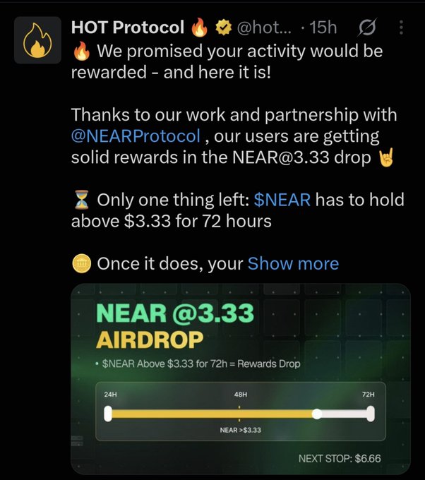 A screenshot of a tweet from HOT Protocol announcing a NEAR@3.33 Airdrop, showing a progress bar tracking the NEAR token price.