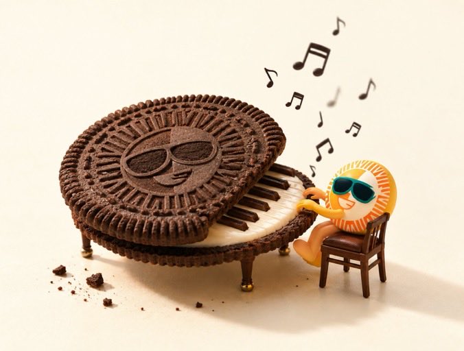 A creative advertisement features a large chocolate sandwich cookie designed to look like a piano, with a cartoon character wearing sunglasses sitting at it playing music, as musical notes float above.