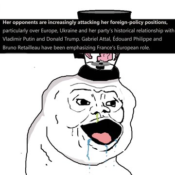 A Wojak-style meme illustration showing a crying figure with a top hat containing a smaller face, captioned with text about foreign policy opponents including Putin and Trump.