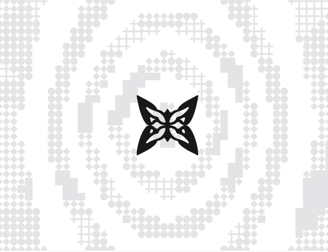 A black stylized fox or wolf head logo with sharp geometric features centered on a white background with light gray checkered and circular patterns.