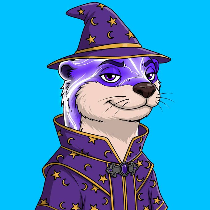 A digital illustration features a purple and white otter character dressed as a wizard, wearing a pointed purple hat and robe adorned with gold stars and crescent moons against a bright blue background.