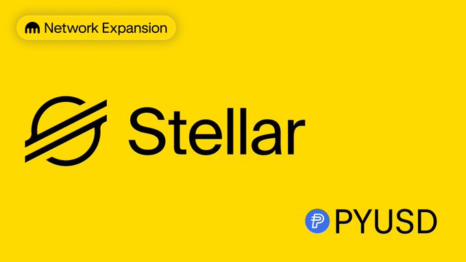 The image displays a bright yellow promotional graphic with a "Network Expansion" badge in the top-left corner, the Stellar logo prominently centered, and a "PYUSD" label in the bottom-right, announcing the availability of PayPal's PYUSD stablecoin on the Stellar network via Kraken.