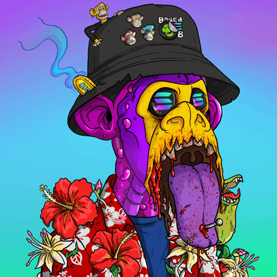 A colorful illustration of a purple zombie-like monkey wearing a black bucket hat adorned with Bored Ape Yacht Club logos and pins, smoking a blunt and wearing a floral Hawaiian shirt.