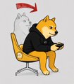 A cartoon Shiba Inu dog in a black hoodie sits in an office chair holding a game controller, while a white ghost-like figure peeks over its head with a red arrow pointing downward, symbolizing the spooky emergence of $Doge.