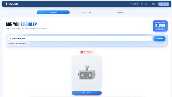A screenshot of the CONSO platform's eligibility checker page displaying "Not eligible" status for the X account "Nazarick_eth," with 5,655 X mint supply visible. The image reflects the user's attempt to join the CONSO NFT whitelist, though their account unfortunately did not qualify for participation.