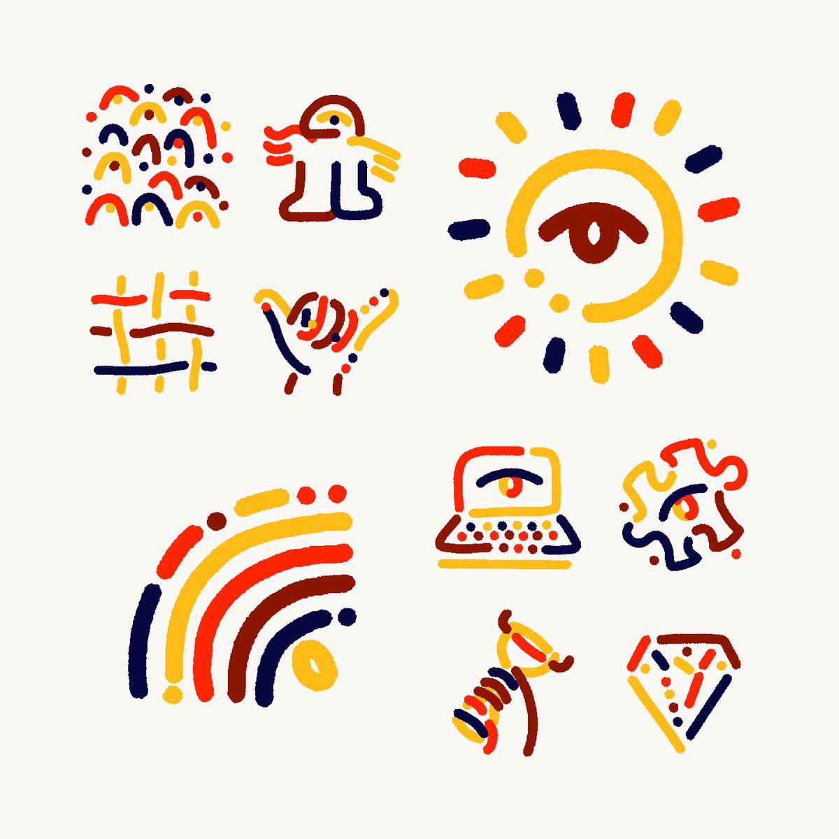 The image features a collection of nine different logos or icons, each representing various aspects of life. These logos are arranged in a grid format against a white background, showcasing their unique designs and colors. The logos include symbols such as a bird, a sun, a computer mouse, a book, a keyboard, a cell phone, a pizza slice, a diamond, and a trophy. Each logo is accompanied by a caption that provides context or information about the design and its relation to the post.