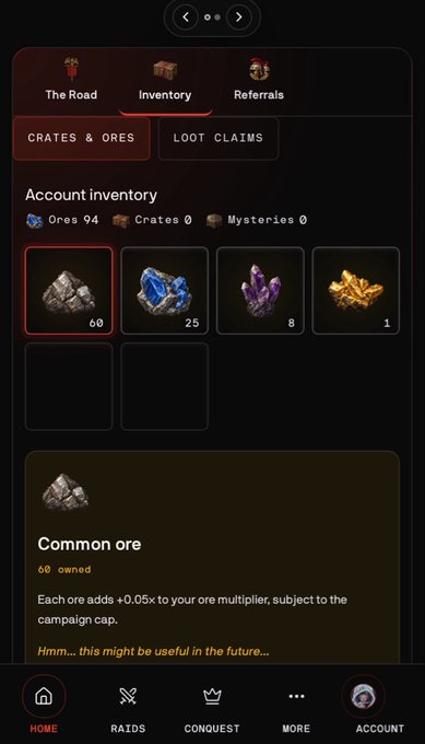 A mobile game inventory screen showing an account inventory with Ores (94), Crates (0), and Mysteries (0), displaying common ore (60), blue ore (25), purple ore (8), and gold ore (1), with Common ore selected and providing +0.05x ore multiplier.
