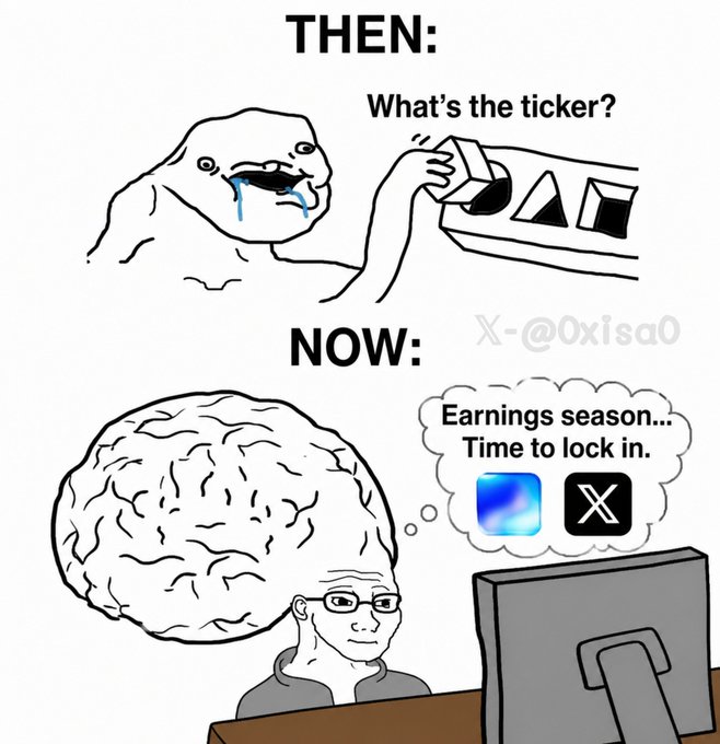 The image features a cartoon depiction of an older man wearing glasses, sitting at a desk using a computer monitor. The scene includes two thought bubbles above his head, one reading "What's the ticker?" and another stating "Earning season... Time to lock in." These thought bubbles are related to the post about web3 people on social media.