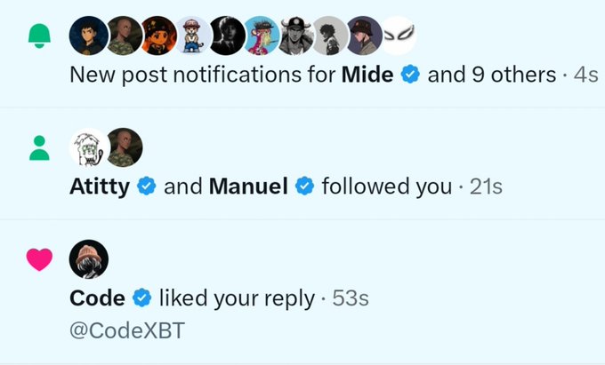 A screenshot of social media notifications showing new post notifications for 'Mide' and 9 others, 'Atitty' and 'Manuel' following the user, and 'Code' (@CodeXBT) liking a reply.