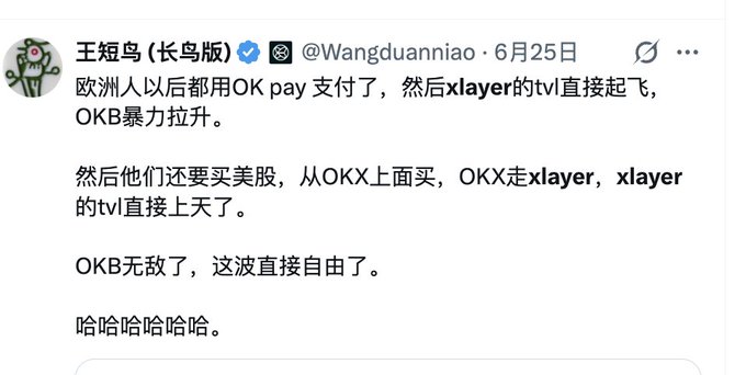 A Chinese-language tweet from 王短鸟(长鸟版) (@Wangduanniao) dated June 25 speculates that Europeans will use OK Pay for payments, driving xlayer's TVL and OKB's value upward, while Europeans buying US stocks through OKX will further boost xlayer's TVL, concluding "OKB is invincible, this wave directly sets you free" with laughing emojis—aligning with the prediction that stablecoin and stock TVL would see explosive growth.