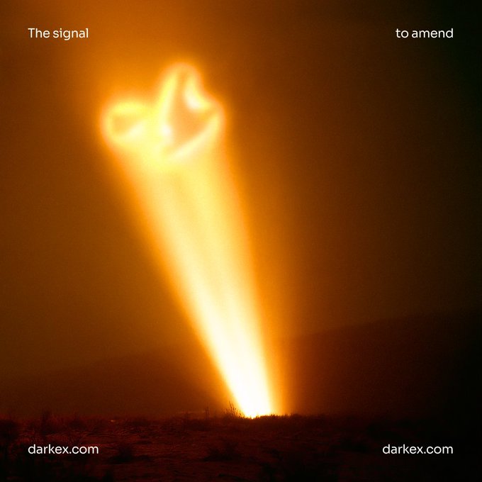 A glowing, fire-like beam shoots upward into a dark, orange-hued sky, forming a vague heart or loop shape at its peak, with text reading "The signal to amend" at the top and "darkex.com" watermarks at the bottom corners. The image serves as a visual metaphor for the post's offer to help, reinforcing the message "If you need help, you know the signal" by evoking a beacon of guidance.