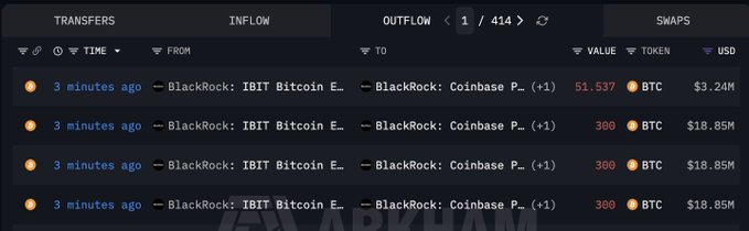 A dark-themed crypto transaction tracker shows a series of recent outflows from BlackRock's IBIT Bitcoin ETF to Coinbase Prime, including transfers of 51.537 BTC ($3.24M) and 300 BTC ($18.85M) approximately 3 minutes ago, with another 300 BTC transfer visible below. The cumulative transfers align with the reported $59M (951.5 BTC) BlackRock-to-Coinbase Prime move mentioned in the post.