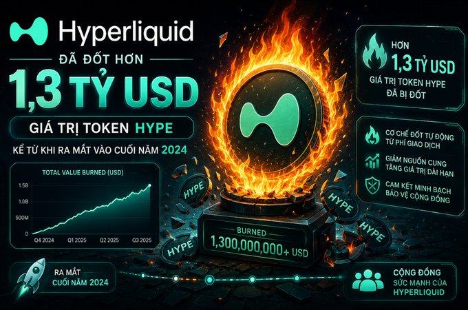 The image is a Vietnamese-language infographic celebrating Hyperliquid's HYPE token burn of over 1.3 billion USD (1,300,000,000+ USD) since its late 2024 launch, featuring a burning Hyperliquid logo coin, a rising "Total Value Burned" line chart from Q4 2024 to Q3 2025, and highlighted benefits including fee-driven buybacks, gradual supply reduction, and strong community backing—visually reinforcing the post's message about the protocol's 99% revenue repurchase-and-burn mechanism.
