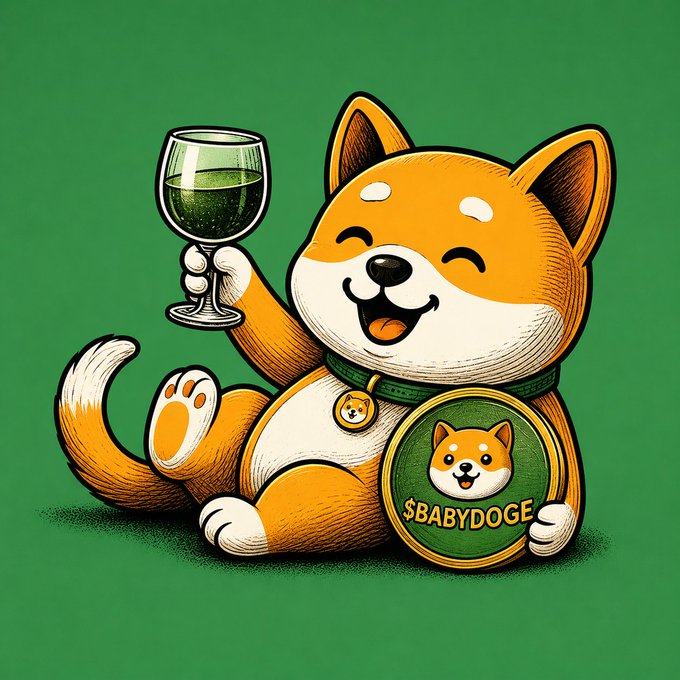 A cheerful cartoon Shiba Inu dog (mascot) holding a wine glass in one paw and a '$BABYDOGE' coin featuring its own face in the other, set against a green background.