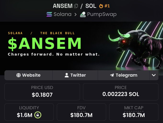 A memecoin tracker page shows $ANSEM token on Solana/PumpSwap priced at $0.1807 USD (0.002223 SOL), with $1.6M liquidity and a $180.7M market cap, featuring a black mechanical bull graphic with the tagline "The Black Bull: Charges forward. No matter what." The post claims a 2,600X call on $ANSEM, using the image's bullish imagery and strong market metrics to validate the promotional boast and hint at future picks.