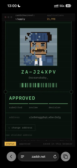 A screenshot from zaddr.net showing an approved z-address submission (ZA-J24XPV) for user @oceansbaby_, with the new shielded address "u1e8mHqgg8qd-w5wv2mZg" displayed alongside an avatar of a pixelated character wearing a blue cap and shirt. The image illustrates the post's message about being able to change Z addresses, showing the successfully approved status of a new shielded address that can replace older u1 addresses.