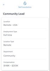 A Sui Foundation job listing for a "Community Lead" position based remotely in the USA, offering a full-time role with a salary range of $148K–$203K, shown as the application the user is sharing while expressing enthusiasm about applying and referencing the $SUI token.