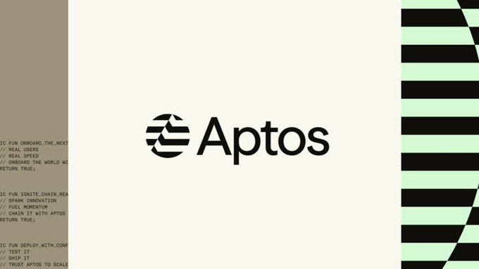 A branded Aptos graphic features the Aptos logo and wordmark centered on an off-white background, flanked by a tan code-text panel on the left and a black-and-mint striped pattern on the right. The image serves as a promotional visual for Aptos’ MonoMove announcement, described in the post as a 55x faster engine for onchain markets.