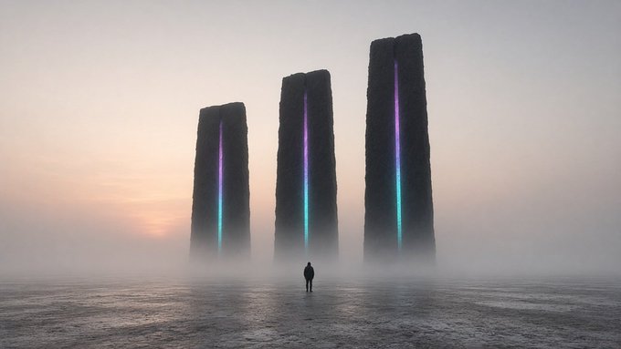 A lone figure stands before three towering monolithic pillars glowing with purple and blue light in a misty, surreal landscape, symbolizing Solana's record-breaking dominance. The image visually echoes the post's message of Solana achieving unprecedented transaction growth ("8.78b txs in q3") and surpassing other technologies as an imposing, unrivaled force.
