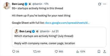 A screenshot of a tweet from Ben Lang (@benl) promoting a Google Sheet listing "95+ startups actively hiring" with 137K views, shared as a resource for job seekers navigating the crypto/Web3 job market.