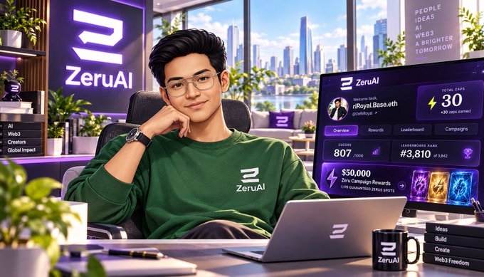A young man wearing glasses and a green 'ZeruAI' sweatshirt sits at a desk with a laptop, next to a monitor displaying ZeruAI campaign statistics and rewards.