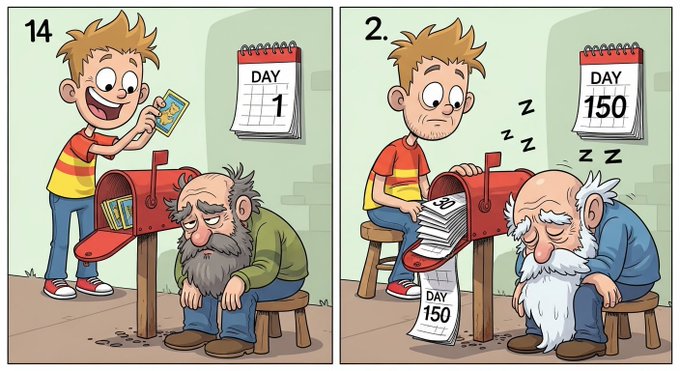 A two-panel comic showing a boy mailing a postcard on "DAY 1" while a bearded man waits, contrasted with "DAY 150" where the now-old man sleeps as a huge stack of letters overflows the mailbox.