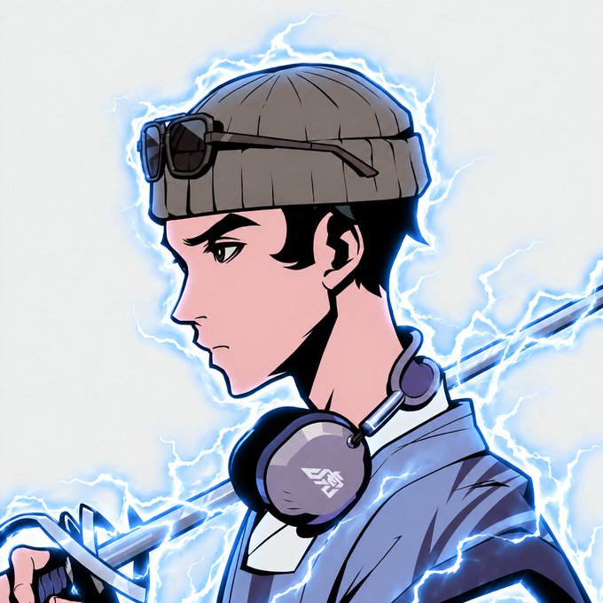Anime-style illustration of a young man in profile wearing a gray beanie with sunglasses on top, headphones around his neck, and wielding a sword amid crackling blue lightning effects.