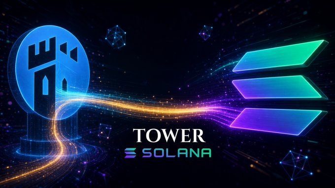 A digital graphic displays a blue tower icon alongside the text 'TOWER' and 'SOLANA', connected to a stylized Solana blockchain logo with glowing light effects.