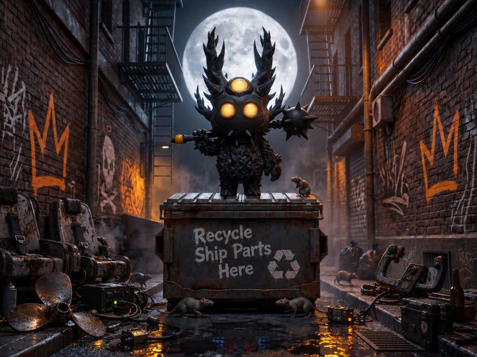 A dark, stylized digital artwork of a winged, multi-eyed creature standing on a dumpster labeled 'Recycle Ship Parts Here' in a moonlit alleyway with rats.
