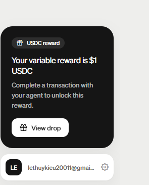 Mobile app screen showing a USDC reward notification with text 'Your variable reward is $1 USDC' and a 'View drop' button, under the username lethuykieu2001@gmail.com.