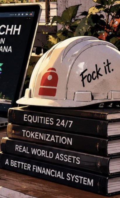 A white construction helmet reading "Fock it." rests atop a stack of black books labeled "EQUITIES 24/7," "TOKENIZATION," "REAL WORLD ASSETS," and "A BETTER FINANCIAL SYSTEM," symbolizing Backpack's mission to "build" a new financial system — with the caption playfully teasing branded merchandise.