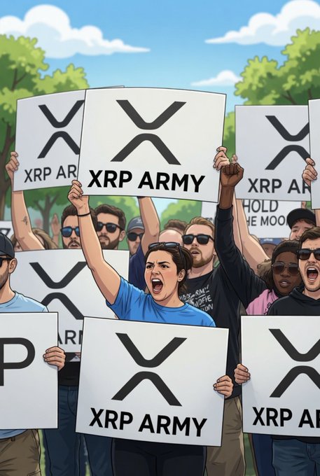 An illustrated crowd of people holding up signs that read 'XRP ARMY' with the XRP logo, featuring one woman in a blue shirt shouting prominently in the center.