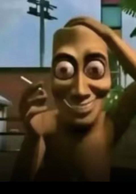 The image features a cartoon character with large, round eyes and a big nose wearing a hat. The character appears to be holding a cigarette in its hand while standing against a gray background. There are no other objects or texts present in the image.