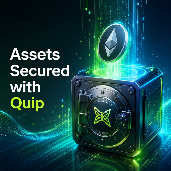 The image features an open safe with a coin inside, surrounded by a digital background that includes lines of code and neon lights. The text " Assets secured with Quip" is displayed above the safe, indicating that the safe has been secured using Quip's services. This implies that the safe contains valuable assets or digital currency, which are protected from potential threats in the future.