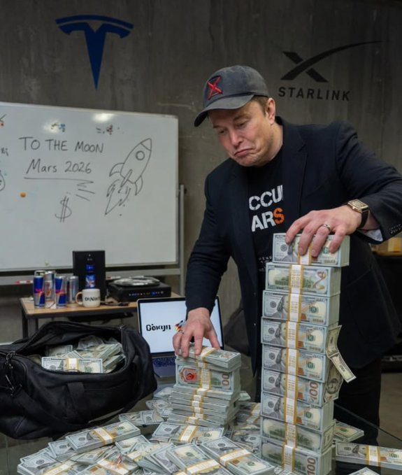A man in a 'Occupy Mars' t-shirt and cap stacks money in front of a whiteboard that reads 'TO THE MOON, Mars 2026,' with Tesla and Starlink logos behind him.