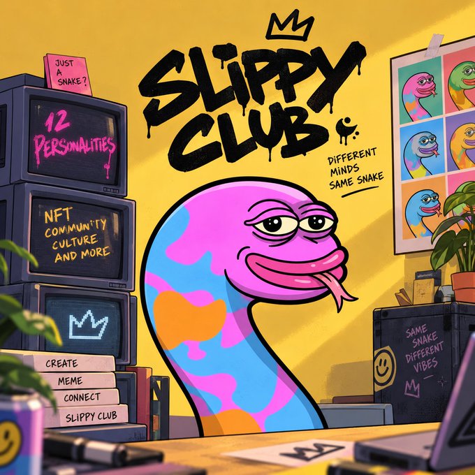 A colorful promotional graphic for 'SLIPPY CLUB' featuring a cartoon pink and blue snake character, with text mentioning '12 PERSONALITIES', 'NFT COMMUNITY CULTURE', and 'DIFFERENT MINDS SAME SNAKE'.