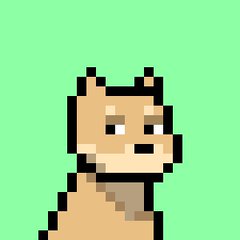 A pixel art illustration of a tan-colored dog or animal character with pointed ears and a black nose set against a solid green background.