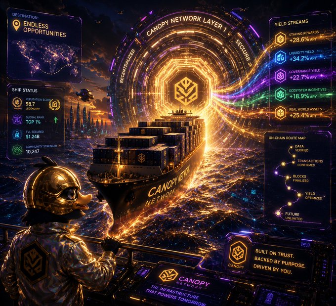 A complex, futuristic dashboard for 'Canopy Network' featuring a crypto-themed ship, a doge-like character, and statistics like 'Reputation Score 98.7', 'Global Bank Top 1%', and various yield streams with APY percentages.