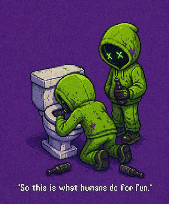 Pixel art of two green-hooded figures with X eyes next to a toilet, one drinking from a bottle while the other kneels over the toilet, with bottles on the floor and the caption 'So this is what humans do for fun.'