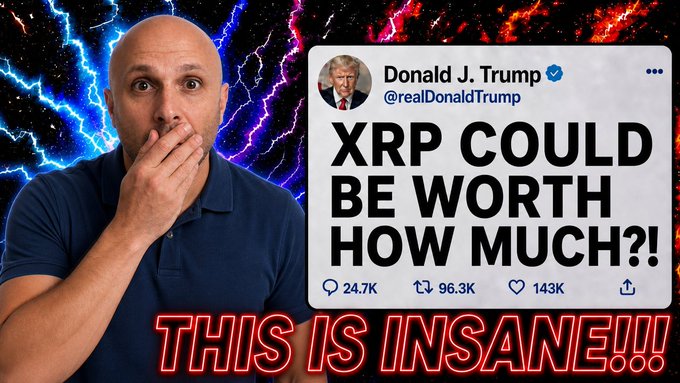 A shocked-looking man with his hand over his mouth stands beside a fake Trump tweet claiming "XRP COULD BE WORTH HOW MUCH?!," with "THIS IS INSANE!!!" emblazoned below. The thumbnail uses sensational clickbait tactics—misappropriating Trump's name and exaggerated hype text—to promote a YouTube video pushing bold price predictions for XRP.