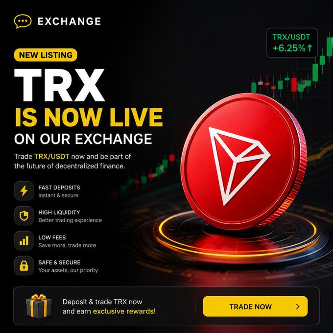 The image features a red coin with a white triangle symbol on top of it, which appears to be a new listing for TRX cryptocurrency. The background of the image is black, making the coin stand out prominently. The text "TRX Is Now Live On Our Exchange" indicates that the coin has been listed and is now available for trading. The post also mentions that the numbers are starting to tell the story behind the coin's growth in the crypto market.