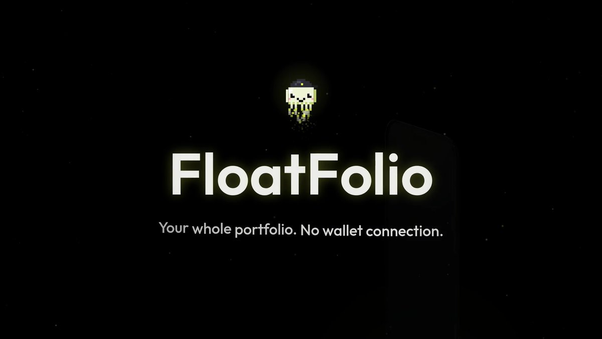 A promotional graphic for 'FloatFolio' with a skull jellyfish logo and the tagline 'Your whole portfolio. No wallet connection.' on a dark background.