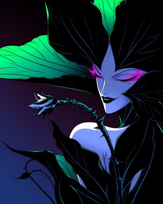 A stylized digital illustration of a dark, sinister fairy-like character with blue skin, green leaves/petals for hair, and thorny vines, rendered in vibrant neon green, purple, and blue tones.
