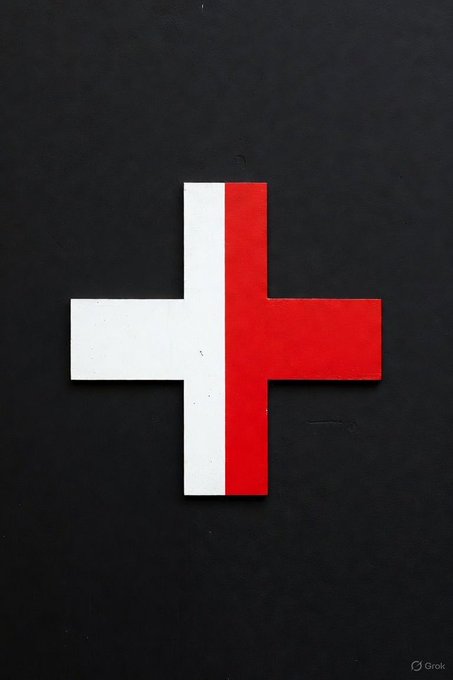 A red and white cross symbol on a black background, resembling a stylized medical or Red Cross emblem, generated by Grok.